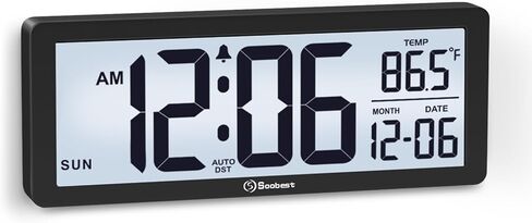 Soobest 8.5 Inch Digital Wall Clock Battery Operated with Backlight, Temperature, Date, Day & Auto DST, Black Slim Design for Elderly, Bedroom, Living Room, Office in Kuwait