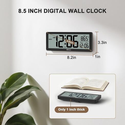 Soobest 8.5 Inch Digital Wall Clock Battery Operated with Backlight, Temperature, Date, Day & Auto DST, Black Slim Design for Elderly, Bedroom, Living Room, Office in Kuwait