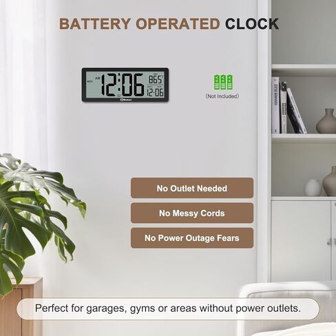 Soobest 8.5 Inch Digital Wall Clock Battery Operated with Backlight, Temperature, Date, Day & Auto DST, Black Slim Design for Elderly, Bedroom, Living Room, Office in Kuwait