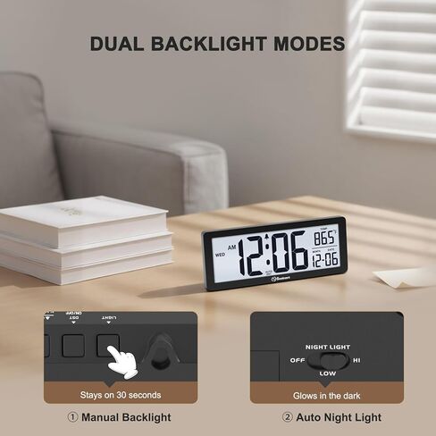 Soobest 8.5 Inch Digital Wall Clock Battery Operated with Backlight, Temperature, Date, Day & Auto DST, Black Slim Design for Elderly, Bedroom, Living Room, Office in Kuwait