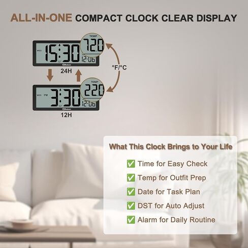 Soobest 8.5 Inch Digital Wall Clock Battery Operated with Backlight, Temperature, Date, Day & Auto DST, Black Slim Design for Elderly, Bedroom, Living Room, Office in Kuwait