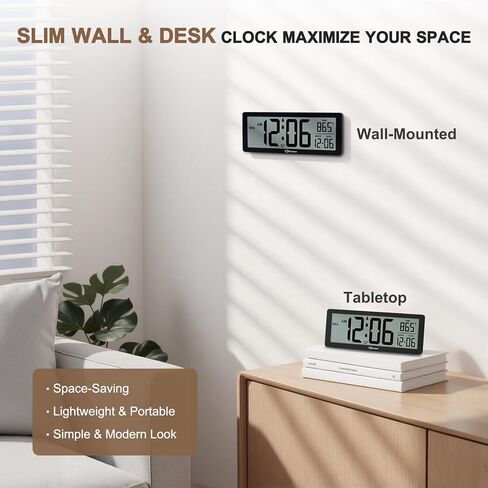 Soobest 8.5 Inch Digital Wall Clock Battery Operated with Backlight, Temperature, Date, Day & Auto DST, Black Slim Design for Elderly, Bedroom, Living Room, Office in Kuwait