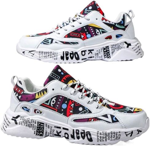 Men's White Thick-Soled Athletic Shoes With Graffiti Pattern, Lace-Up Front, Comfortable, Lightweight, Round Toe, Versatile, Breathable, Suitable For Walking, Casual, Sports And Campus Youth Style in Saudi Arabia