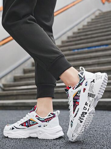 Men's White Thick-Soled Athletic Shoes With Graffiti Pattern, Lace-Up Front, Comfortable, Lightweight, Round Toe, Versatile, Breathable, Suitable For Walking, Casual, Sports And Campus Youth Style in Saudi Arabia