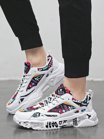 Men's White Thick-Soled Athletic Shoes With Graffiti Pattern, Lace-Up Front, Comfortable, Lightweight, Round Toe, Versatile, Breathable, Suitable For Walking, Casual, Sports And Campus Youth Style in Saudi Arabia