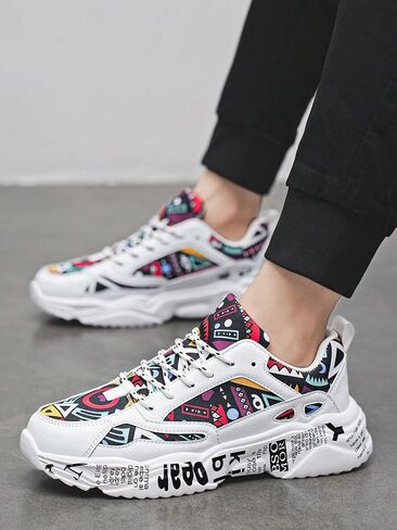 Men's White Thick-Soled Athletic Shoes With Graffiti Pattern, Lace-Up Front, Comfortable, Lightweight, Round Toe, Versatile, Breathable, Suitable For Walking, Casual, Sports And Campus Youth Style in Saudi Arabia