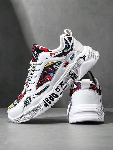 Men's White Thick-Soled Athletic Shoes With Graffiti Pattern, Lace-Up Front, Comfortable, Lightweight, Round Toe, Versatile, Breathable, Suitable For Walking, Casual, Sports And Campus Youth Style in Saudi Arabia