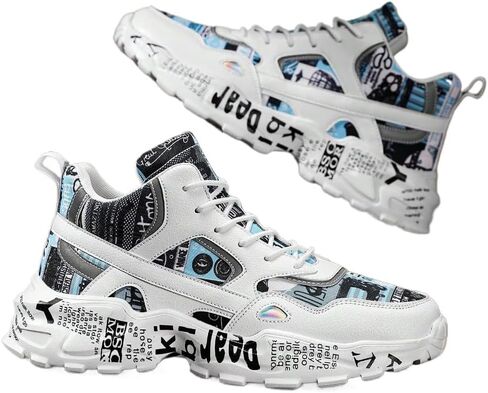 Men's White Thick-Soled Athletic Shoes With Graffiti Pattern, Lace-Up Front, Comfortable, Lightweight, Round Toe, Versatile, Breathable, Suitable For Walking, Casual, Sports And Campus Youth Style in Saudi Arabia
