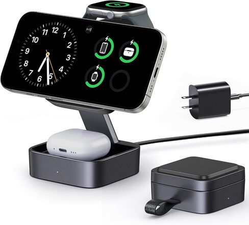 شاحن لاسلكي 3 في 1 لـ MagSafe، قاعدة شحن مغناطيسية قابلة للطي للسفر لأجهزة Apple iPhone 15/14/13/12 Series وAirPods Pro/3/2 وApple Watch/Ultra (5W) - أبيض + فضي in Kuwait