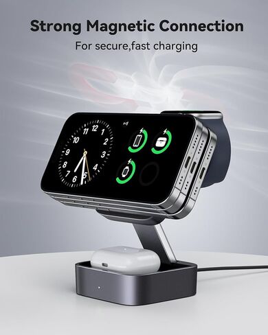 شاحن لاسلكي 3 في 1 لـ MagSafe، قاعدة شحن مغناطيسية قابلة للطي للسفر لأجهزة Apple iPhone 15/14/13/12 Series وAirPods Pro/3/2 وApple Watch/Ultra (5W) - أبيض + فضي in Kuwait