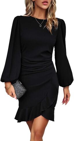 Womens Elegant Ruched Bodycon Cocktail Dresses Long Lantern Sleeve Ruffle Hem Formal Work Dress in Saudi Arabia