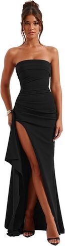 Strapless Prom Dresses with Slit Ruffle Mermaid Long Ruched Formal Evening Cocktail Dress in Kuwait