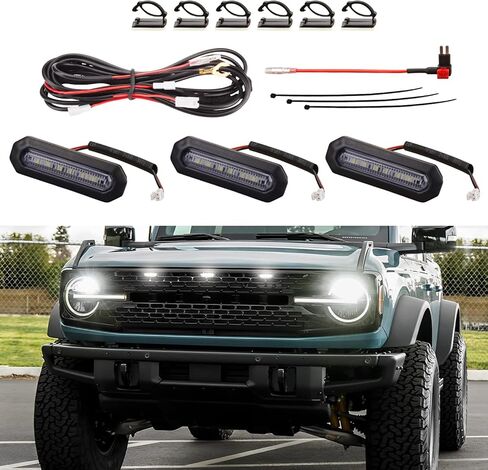 AUXLIGHT 3-PCS LED Grille Lights for For-d Bronco 2021-2023 Badlands/Wildtrak/Everglades Accessories, 2/4-Door OEM Grill Lights with Fuse & Wiring Harness (White) in Kuwait