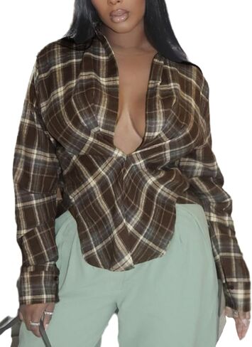 بلايز مثيرة للنساء قميص عتيق بخصر عميق على شكل حرف V منقوش مقاس كبير لتاريخ النادي والخروج للنساء in Kuwait