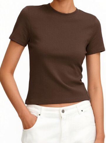 تي شيرت نسائي من مزيج القطن من Prettywear برقبة دائرية وأكمام قصيرة أساسية، تي شيرت صيفي عصري لطيف in Kuwait