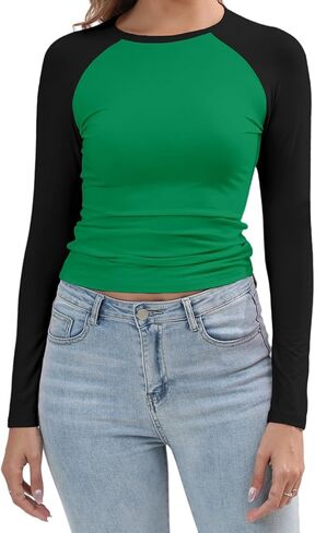 Abardsion Women's Long Sleeve Shirts Y2K Slim Fit Stretchy Slightly Crop Tops in Saudi Arabia