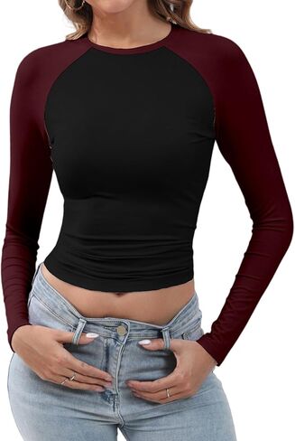 Abardsion Women's Long Sleeve Shirts Y2K Slim Fit Stretchy Slightly Crop Tops in Saudi Arabia