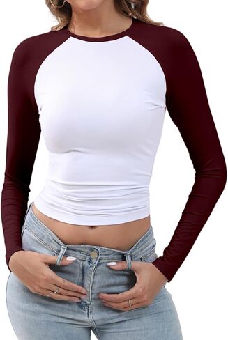 Abardsion Women's Long Sleeve Shirts Y2K Slim Fit Stretchy Slightly Crop Tops in Saudi Arabia