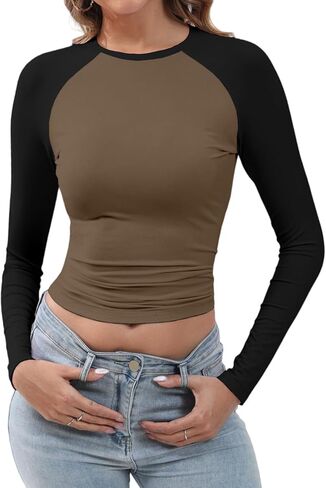 Abardsion Women's Long Sleeve Shirts Y2K Slim Fit Stretchy Slightly Crop Tops in Saudi Arabia