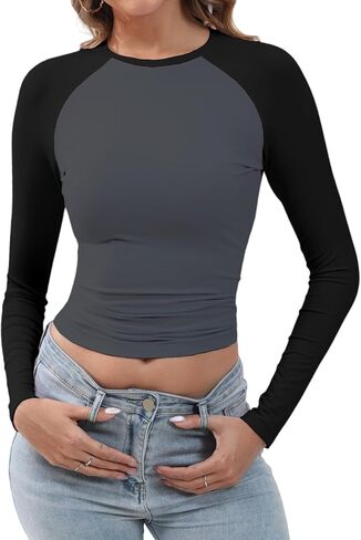 Abardsion Women's Long Sleeve Shirts Y2K Slim Fit Stretchy Slightly Crop Tops in Saudi Arabia