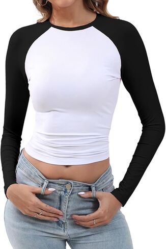Abardsion Women's Long Sleeve Shirts Y2K Slim Fit Stretchy Slightly Crop Tops in Saudi Arabia