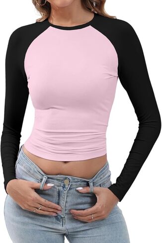 Abardsion Women's Long Sleeve Shirts Y2K Slim Fit Stretchy Slightly Crop Tops in Saudi Arabia