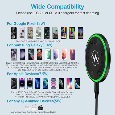 Pixel 9 Pro Wireless Charger Pad,15W Android Wireless Charger Fast Charging Pad Station with Adapter for Google Pixel 9 Pro XL/9 Pro Fold/8/7a,Samsung Galaxy S24 Ultra/S23/S22/Flip 6,iPhone 16/15/14 in Kuwait