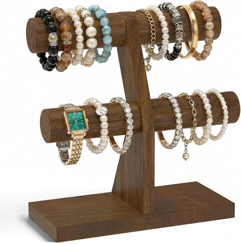 Esluker.ly حامل سوار عرض منظم حامل خشبي، رف تخزين سوار T Bar لبائعي الأعمال المنزلية، سعة كبيرة 2 برج شجرة المجوهرات للساعات، بدون فوضى، بني in Kuwait