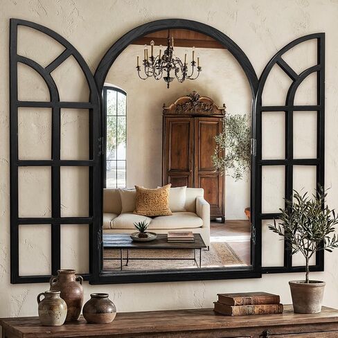 مرآة نافذة مقوسة، مرآة حائط ريفية بإطار خشبي أسود مقاس 60.96 سم × 91.44 سم، مرآة نافذة مزخرفة عتيقة لغرفة المعيشة، المدخل، الحمام in Kuwait