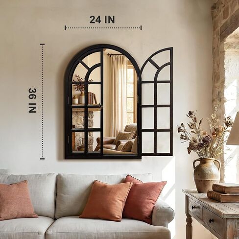 مرآة نافذة مقوسة، مرآة حائط ريفية بإطار خشبي أسود مقاس 60.96 سم × 91.44 سم، مرآة نافذة مزخرفة عتيقة لغرفة المعيشة، المدخل، الحمام in Kuwait