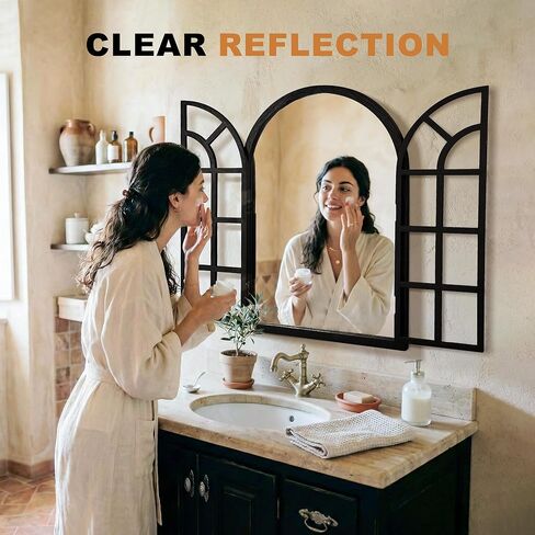مرآة نافذة مقوسة، مرآة حائط ريفية بإطار خشبي أسود مقاس 60.96 سم × 91.44 سم، مرآة نافذة مزخرفة عتيقة لغرفة المعيشة، المدخل، الحمام in Kuwait