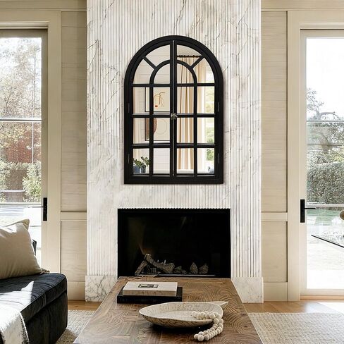 مرآة نافذة مقوسة، مرآة حائط ريفية بإطار خشبي أسود مقاس 60.96 سم × 91.44 سم، مرآة نافذة مزخرفة عتيقة لغرفة المعيشة، المدخل، الحمام in Kuwait