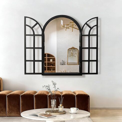 مرآة نافذة مقوسة، مرآة حائط ريفية بإطار خشبي أسود مقاس 60.96 سم × 91.44 سم، مرآة نافذة مزخرفة عتيقة لغرفة المعيشة، المدخل، الحمام in Kuwait