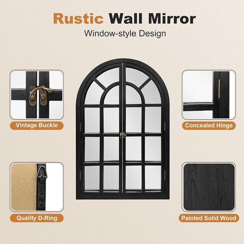 مرآة نافذة مقوسة، مرآة حائط ريفية بإطار خشبي أسود مقاس 60.96 سم × 91.44 سم، مرآة نافذة مزخرفة عتيقة لغرفة المعيشة، المدخل، الحمام in Kuwait