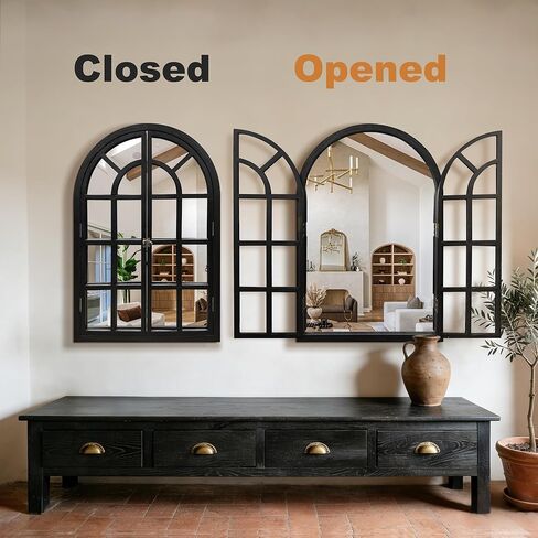 مرآة نافذة مقوسة، مرآة حائط ريفية بإطار خشبي أسود مقاس 60.96 سم × 91.44 سم، مرآة نافذة مزخرفة عتيقة لغرفة المعيشة، المدخل، الحمام in Kuwait