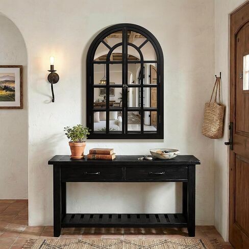 مرآة نافذة مقوسة، مرآة حائط ريفية بإطار خشبي أسود مقاس 60.96 سم × 91.44 سم، مرآة نافذة مزخرفة عتيقة لغرفة المعيشة، المدخل، الحمام in Kuwait