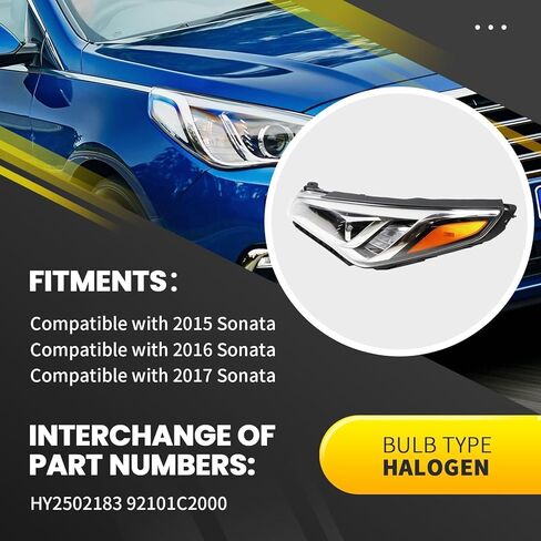 Halogen Left Headlight Assembly Compatible with Sonata SE Sport GLS GL Hybrid Limited Ultimate ECO 2015-2017 W/Bulbs Headlamp Driver Side Replace HY2502183 92101C2000 in Saudi Arabia