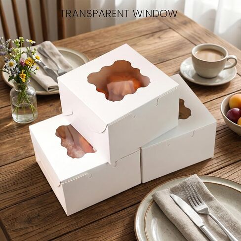 VGOODALL 50pcs Brown Bakery Boxes with Window, 4x4x2.4 Inches Cookie Box Small Pastry Treat Boxes with Window Small Treat Boxes for Pastries, Cookies, Pie, Donuts in Kuwait