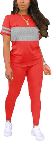 Two Piece Sets for Women Summer Short Sleeve Striped Crewneck Slim Fit Active Casual Sweatsuits in Saudi Arabia