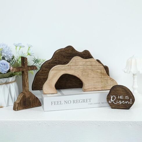مشهد عيد الفصح للمقبرة الفارغة والزخارف المتقاطعة، خشبي، لقد قام عيد الفصح، مشهد القيامة، مشهد المهد، صليب يسوع، صينية متدرجة للمنزل الديني المسيحي، رف طاولة، رف مكتب، مزرعة in Kuwait