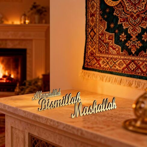 3 Pcs Ramadan Decorations Home 2026, Wooden Gold Acrylic Bismillah Alhamdulillah Mashallah Sign, Wood Eid Mubarak Islamic Allah Table Stand Fireplace Office Desk Mosque Decor, Muslim Gifts in Saudi Arabia