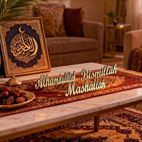 3 Pcs Ramadan Decorations Home 2026, Wooden Gold Acrylic Bismillah Alhamdulillah Mashallah Sign, Wood Eid Mubarak Islamic Allah Table Stand Fireplace Office Desk Mosque Decor, Muslim Gifts in Saudi Arabia