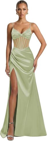 Spaghetti Straps Satin Illusion Prom Dresses for Teens 2026 Corset Mermaid Pleated Formal Evening Gown with Slit in Saudi Arabia