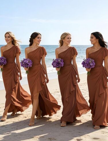 فساتين وصيفة العروس بكتف واحد من ForElise للنساء من الشيفون والكشكشة حورية البحر فستان سهرة رسمي in Kuwait