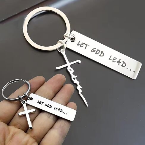 Let God Lead Faith Cross Stainless Steel Keychain, Christian Religious Key Chain Ring Purse Bag Backpack Charm Daily Gift in Saudi Arabia