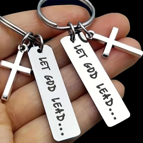 Let God Lead Faith Cross Stainless Steel Keychain, Christian Religious Key Chain Ring Purse Bag Backpack Charm Daily Gift in Saudi Arabia