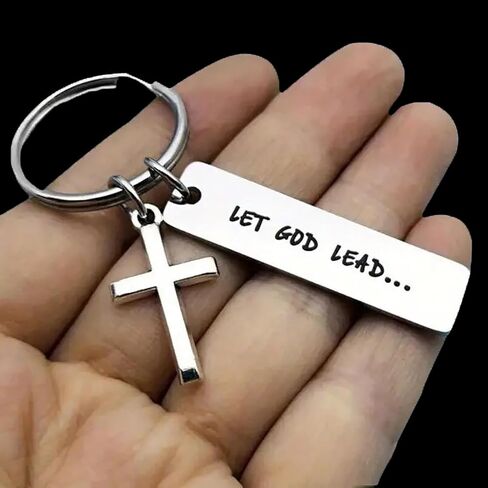 Let God Lead Faith Cross Stainless Steel Keychain, Christian Religious Key Chain Ring Purse Bag Backpack Charm Daily Gift in Saudi Arabia