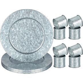 8 Set Metal Charger Plates Metal Napkin Ring Set 13 Inches Galvanized Chargers for Dinner Plates Rustic Style Silver Napkin Rings for Farmhouse Dining Table Kitchen