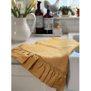 Farmhouse Linen Dish Towel, Linen Tea Towel, Ruffled Linen, Set of 2, Shabby Chic (Ochre)