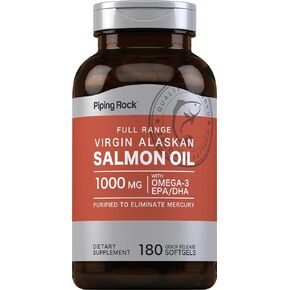 Piping Rock Salmon Oil Supplements for Humans 1000mg | 180 Softgels | Virgin Wild Alaskan Full Range | Non-GMO, Gluten Free